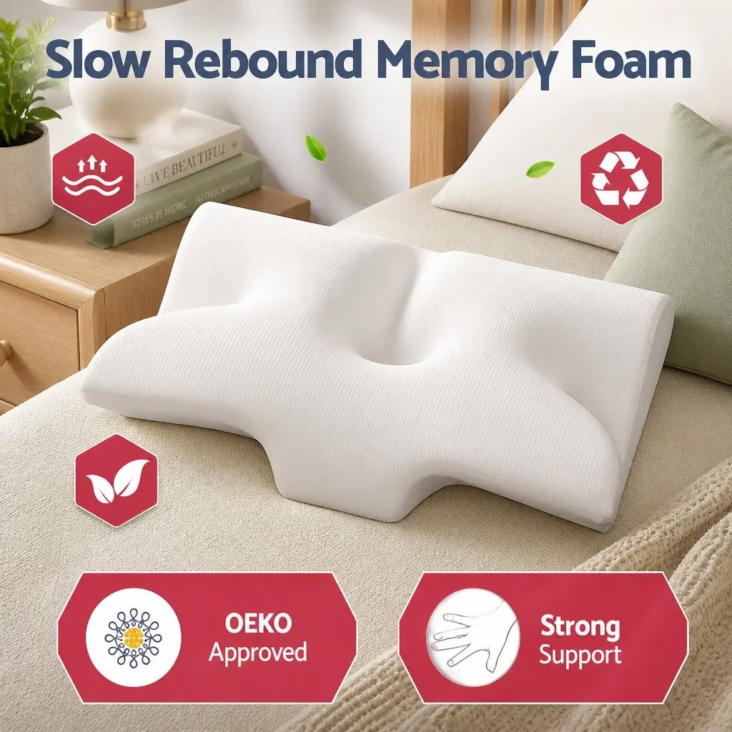 Memory Foam Pillow Ergonomic Cervical Neck Support Contour Design White Grey