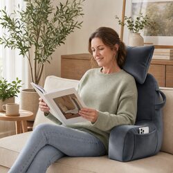 Reading Pillow with Detachable Neck Roll Armrests Back Support Lounging Grey