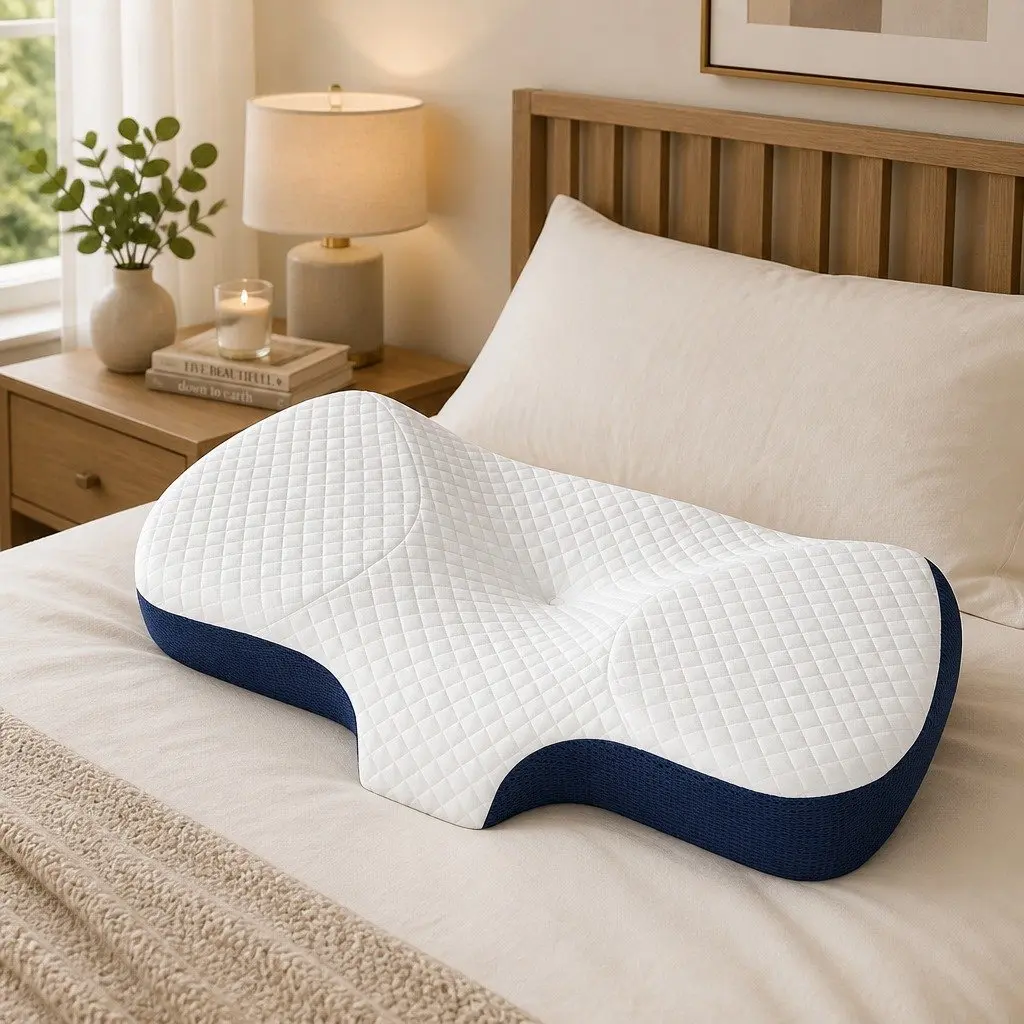 Ergonomic Memory Foam Pillow Blue Neck Support 67cm x 35cm Breathable Cover