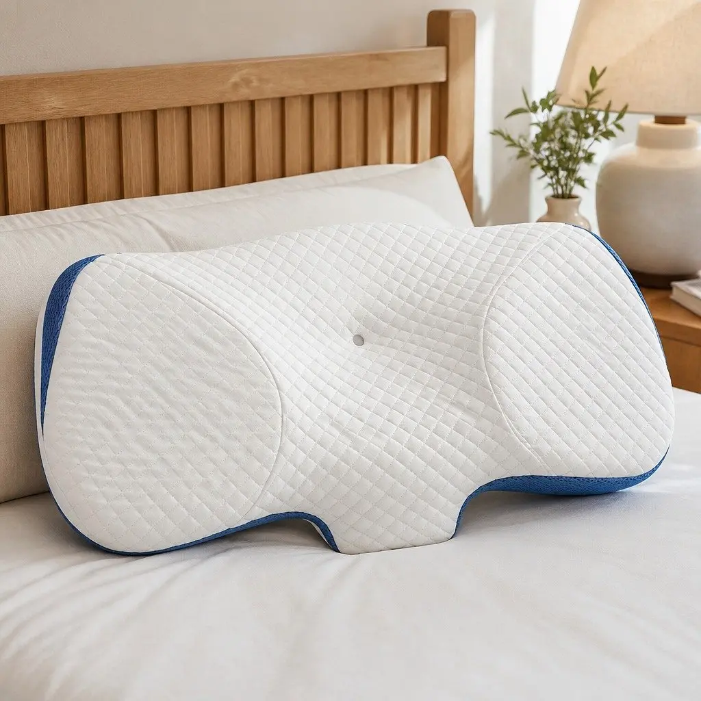 Ergonomic Memory Foam Pillow Blue Neck Support 67cm x 35cm Breathable Cover