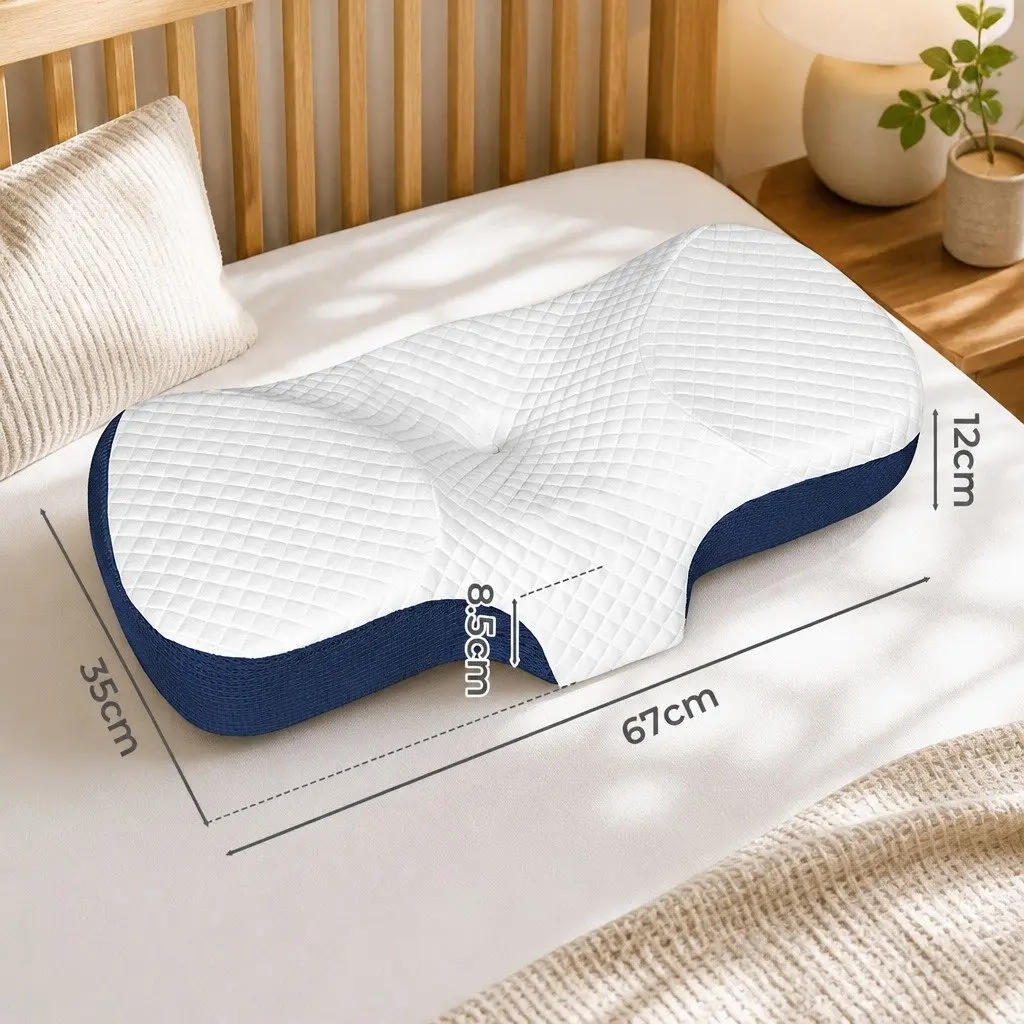 Ergonomic Memory Foam Pillow Blue Neck Support 67cm x 35cm Breathable Cover