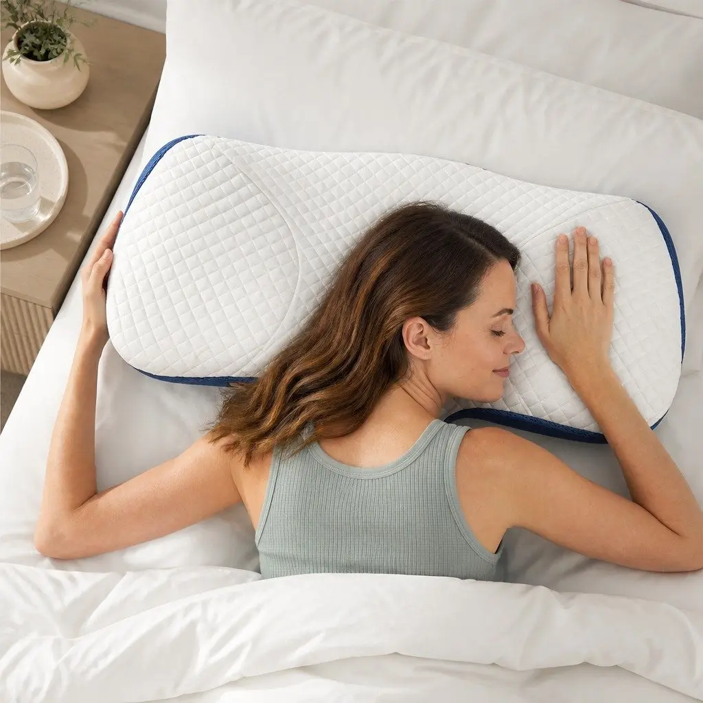 Ergonomic Memory Foam Pillow Blue Neck Support 67cm x 35cm Breathable Cover