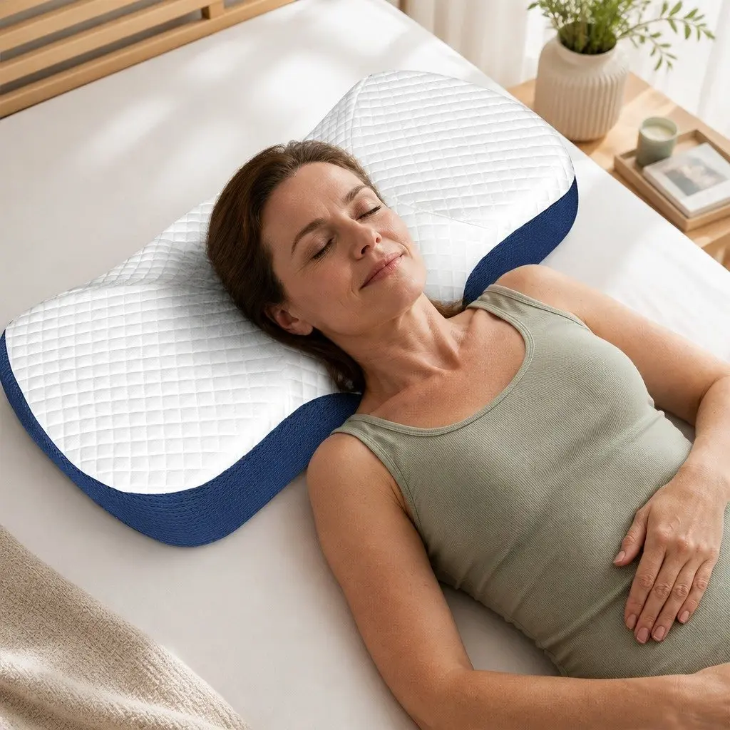 Ergonomic Memory Foam Pillow Blue Neck Support 67cm x 35cm Breathable Cover