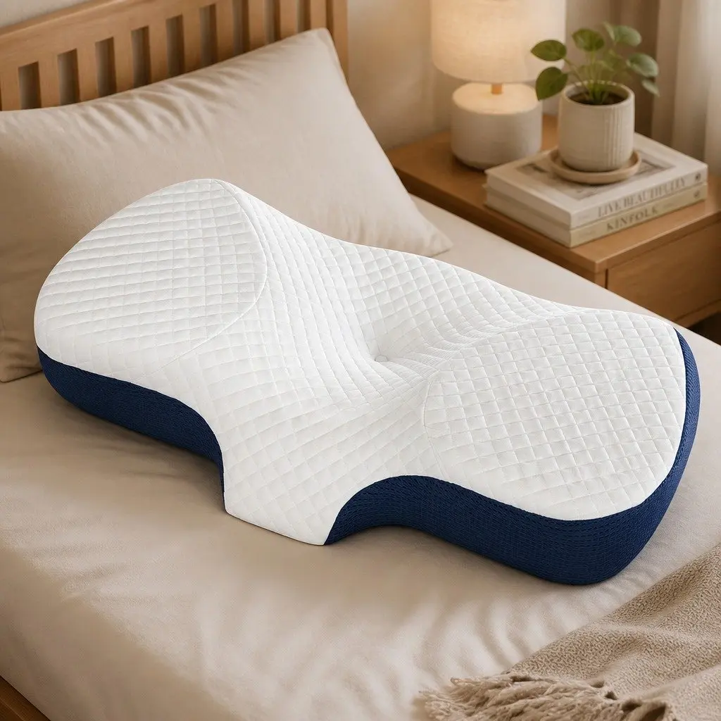 Ergonomic Memory Foam Pillow Blue Neck Support 67cm x 35cm Breathable Cover