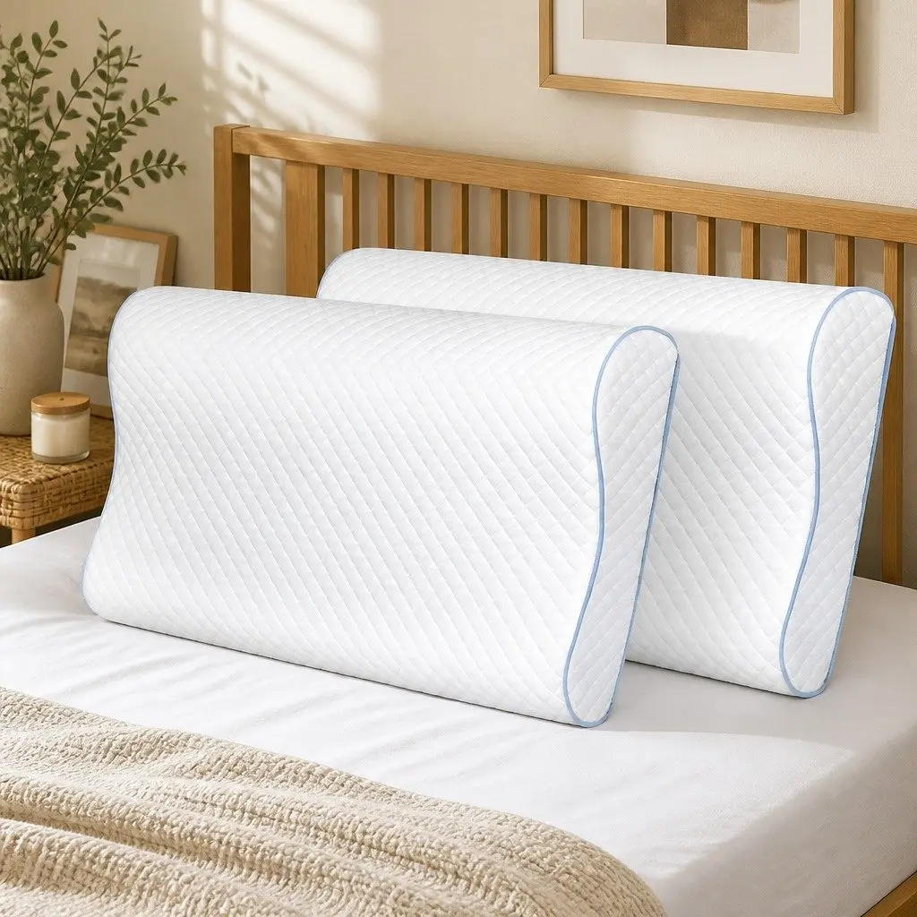 Memory Foam Pillow Pair Bamboo Charcoal Ergonomic Neck Shoulder Support White 60cm x 35cm x 11cm/8cm