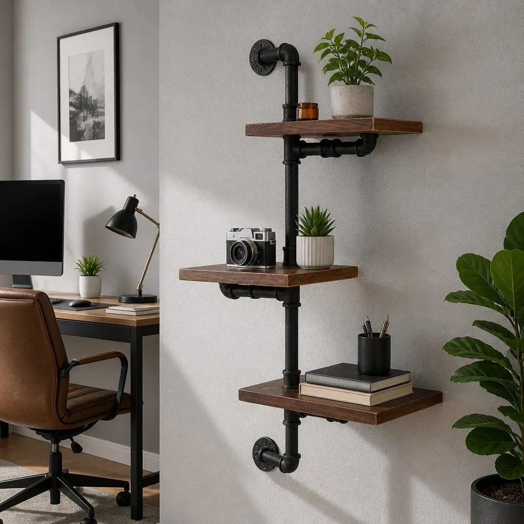 Brown 3-Tier Floating Industrial Pipe Shelf for Home & Office