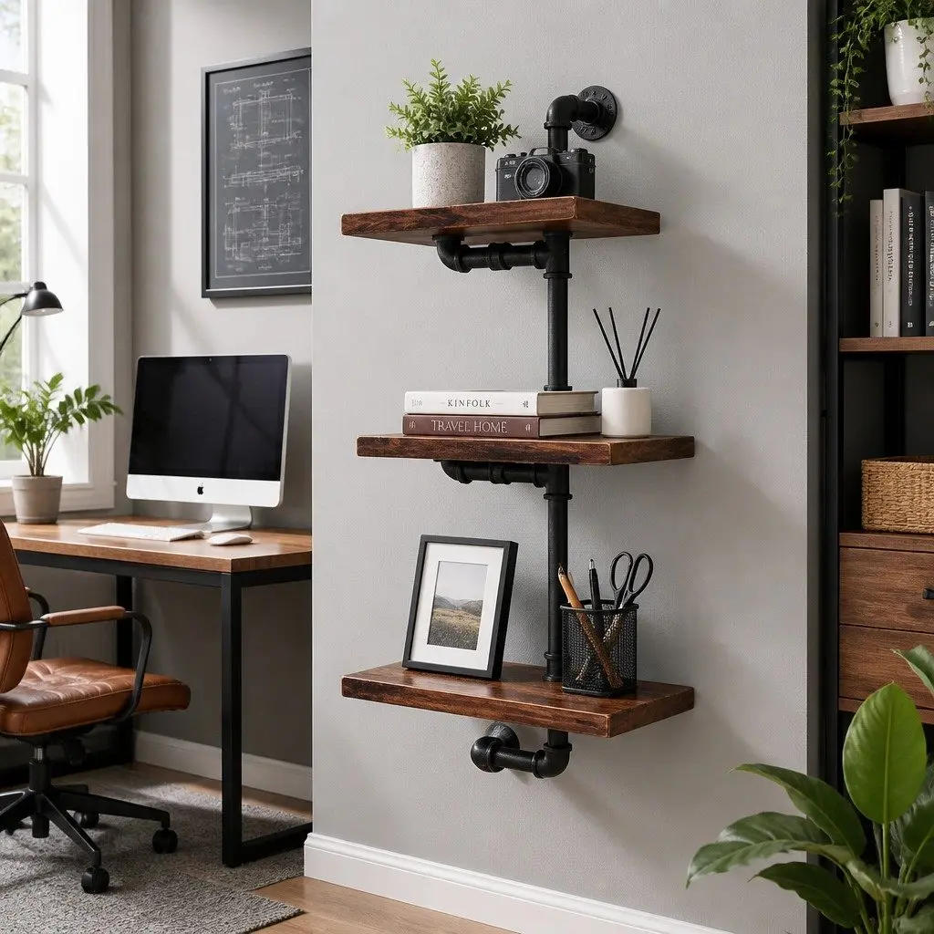 Industrial Pipe Shelf Metal Timber 3 Tier Floating Wall Mount Brown