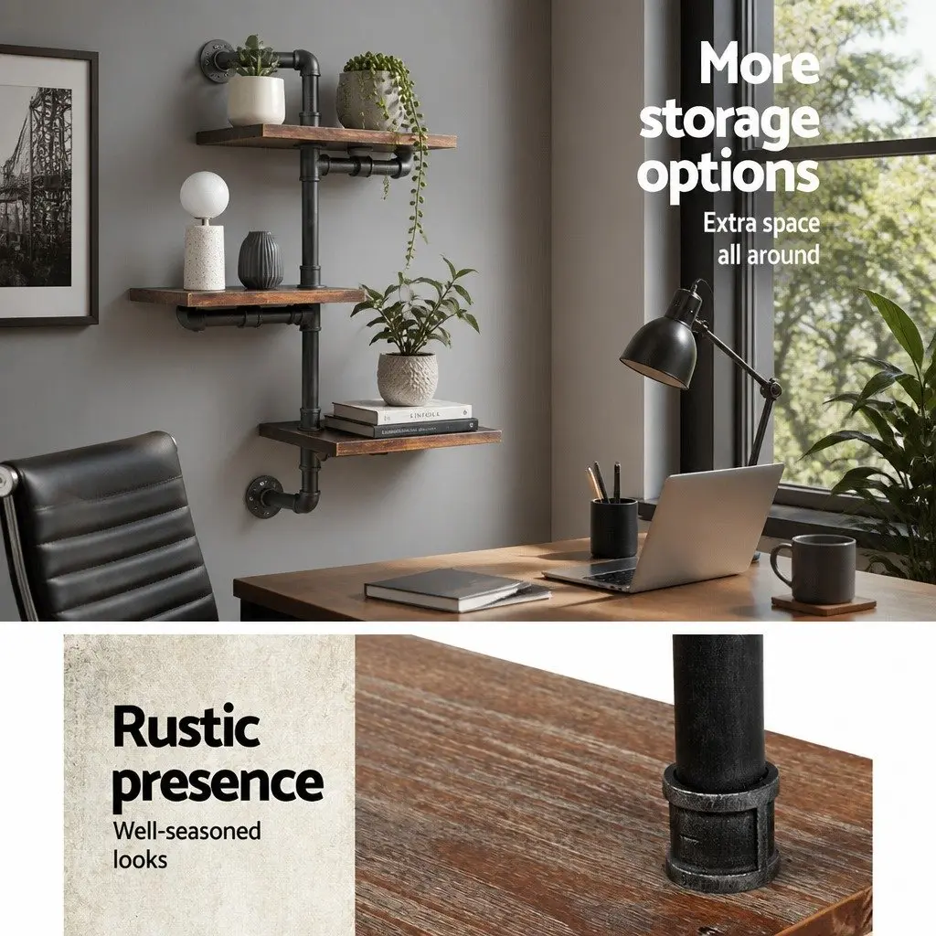 Industrial Pipe Shelf Metal Timber 3 Tier Floating Wall Mount Brown