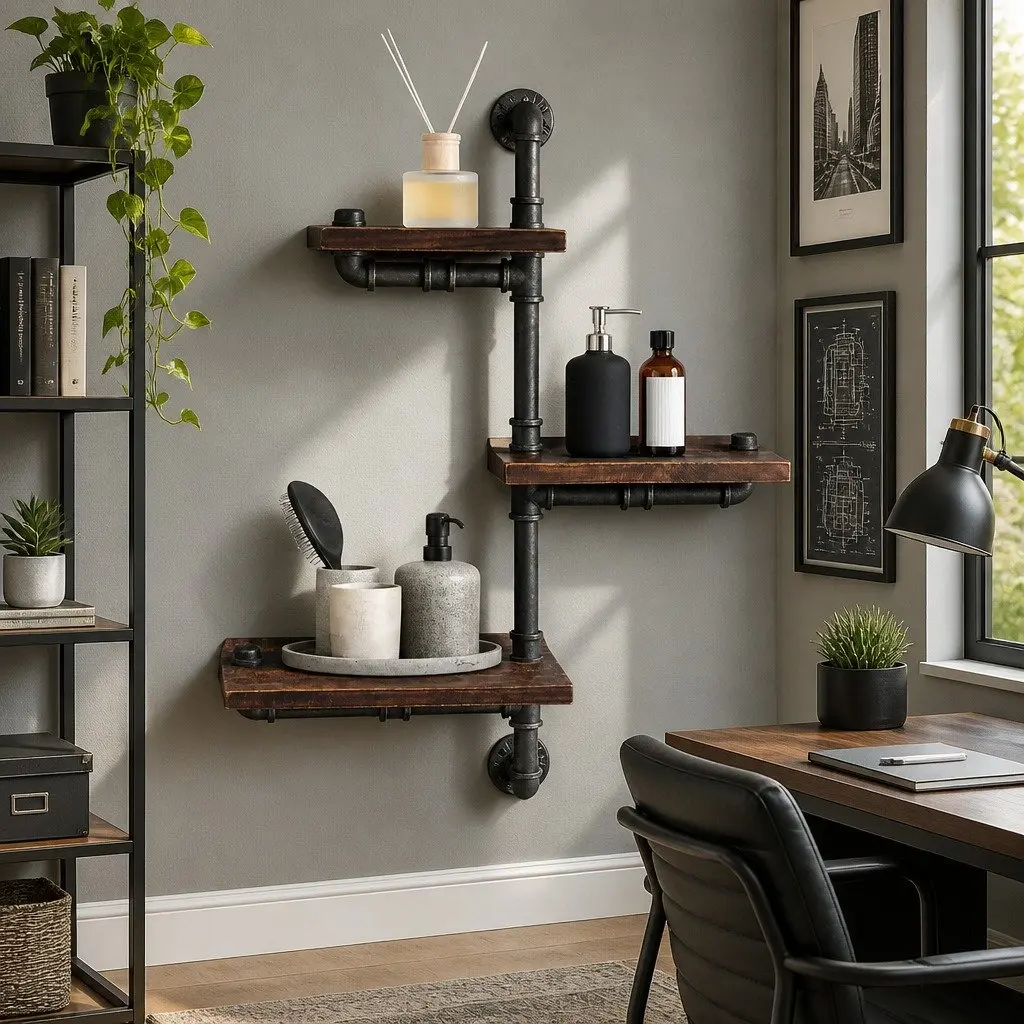 Industrial Pipe Shelf Metal Timber 3 Tier Floating Wall Mount Brown