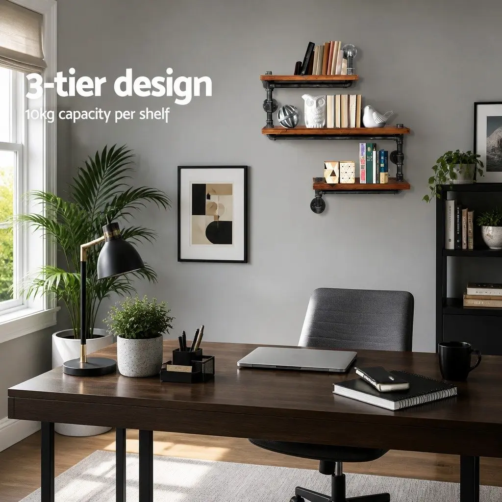 3 Tier Floating Shelf Timber Metal Pipe Brown Rustic
