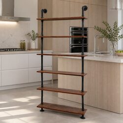 Durable 6-Tier Industrial Pipe Shelf with Solid Wood