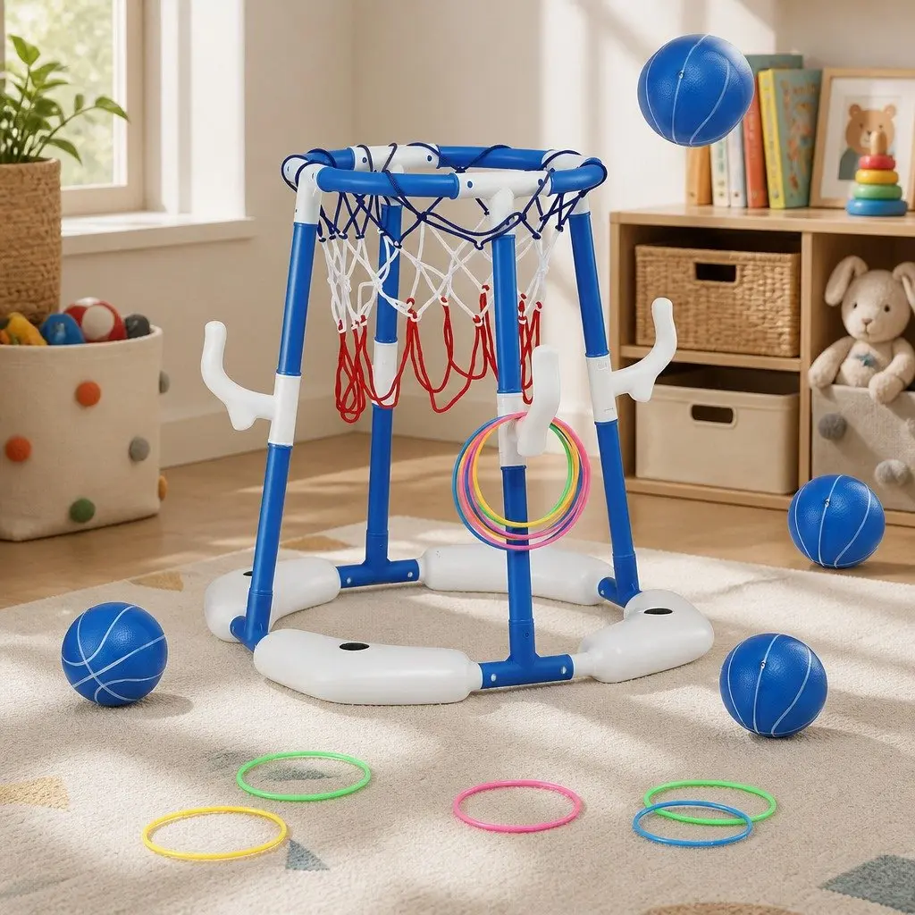 Basketball Hoop Ring Toss Sports Activity Centre PP Nylon 43 x 33 x 77 105 cm Blue