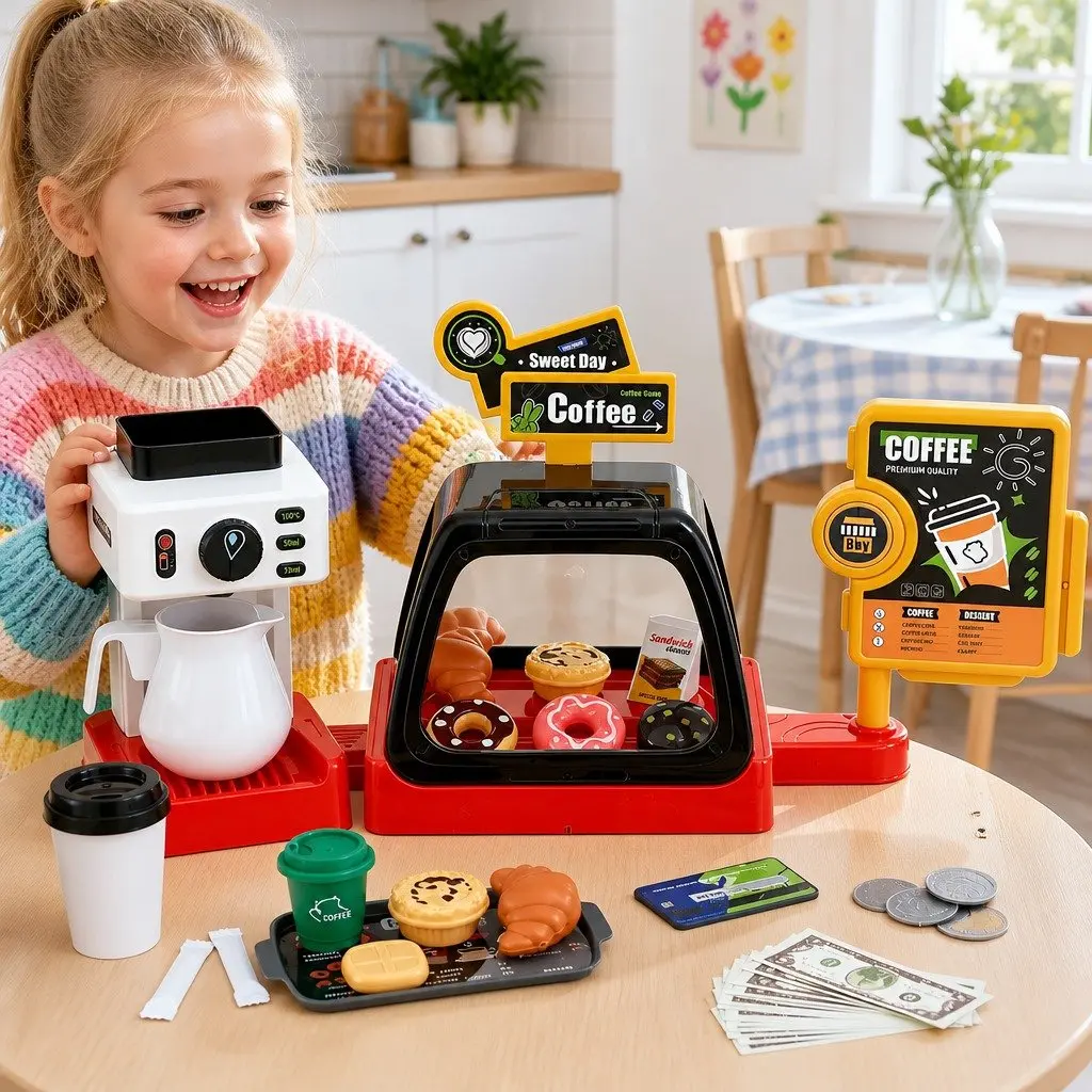 Kids Coffee Shop Pretend Play Set Toy with Coffee Maker Machine Play Money Food