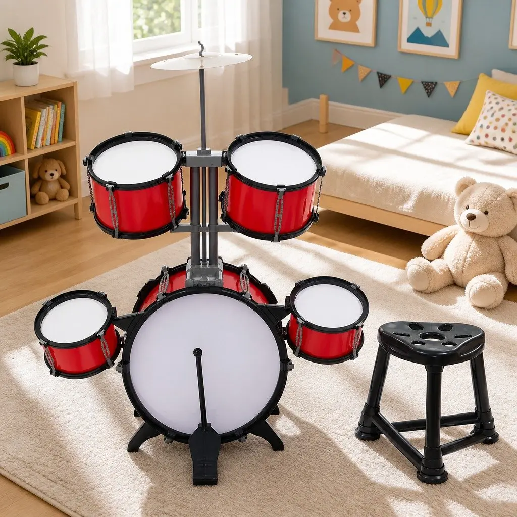Kids Drum Set Plastic 7 Piece Red 60cm x 45cm x 80cm