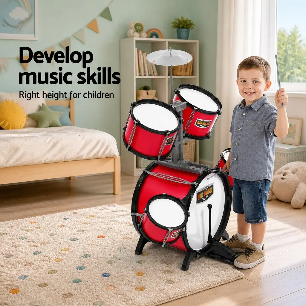 Kids Drum Set Plastic 7 Piece Red 60cm x 45cm x 80cm