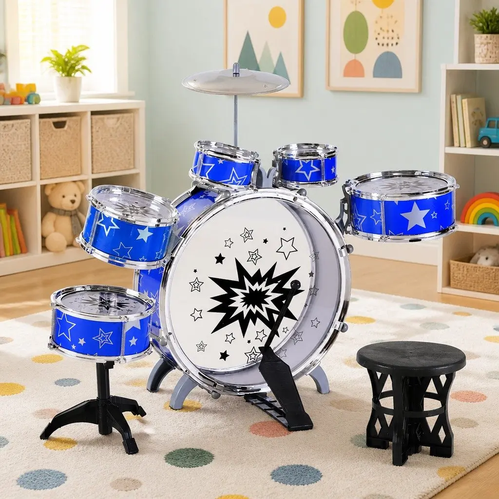 11-Piece Kids Drum Set in Blue with Stool
