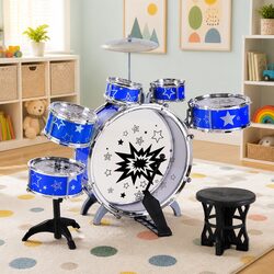 Durable 11-Piece Kids Drum Set in Blue with Stool