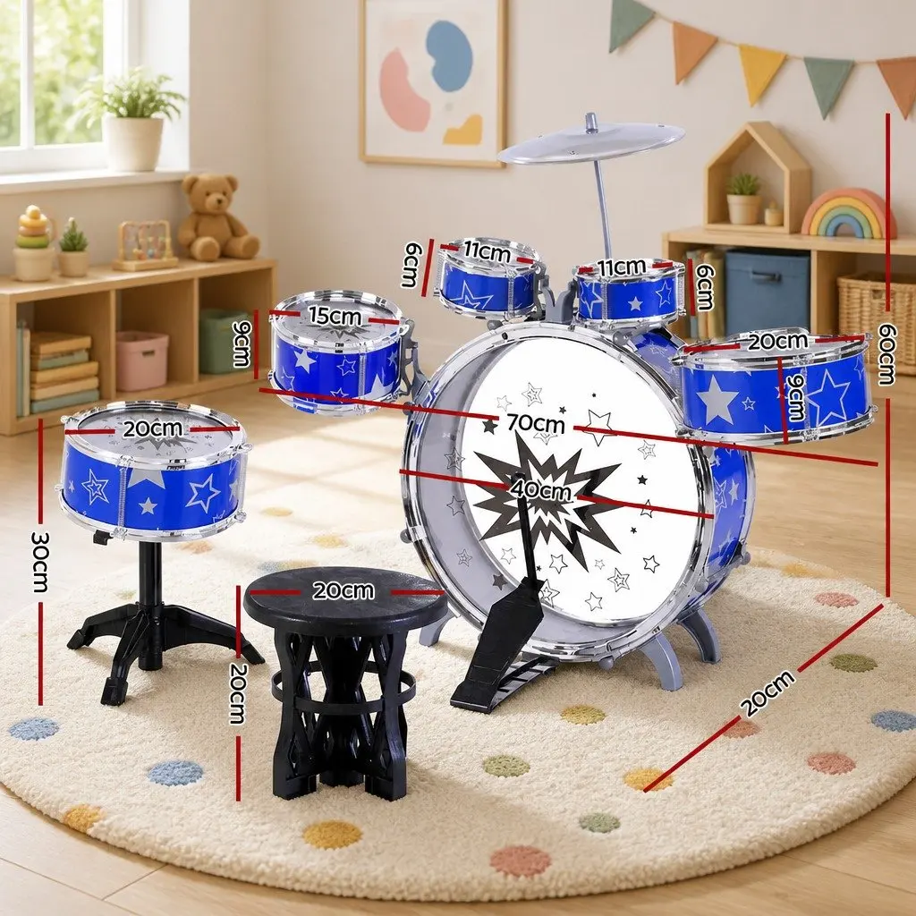 11-Piece Kids Drum Set in Blue with Stool