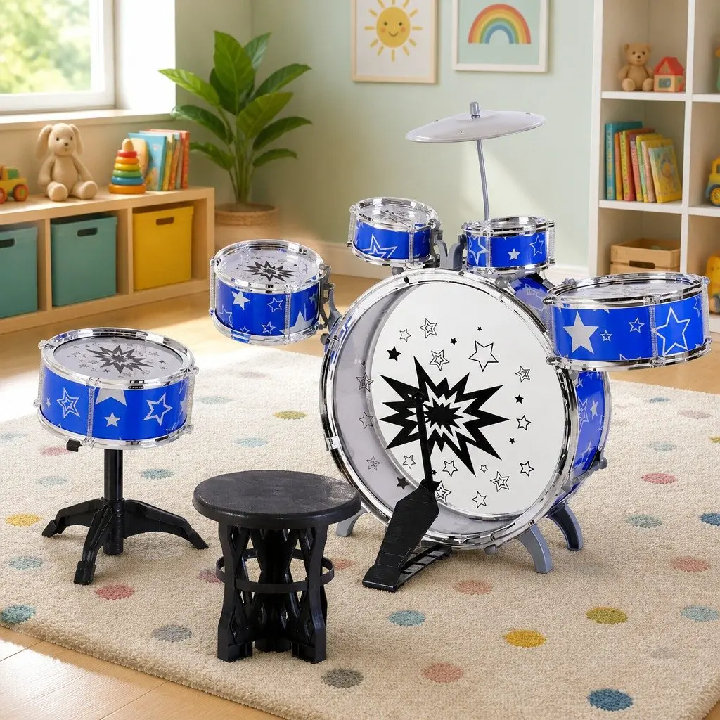 11-Piece Kids Drum Set in Blue with Stool