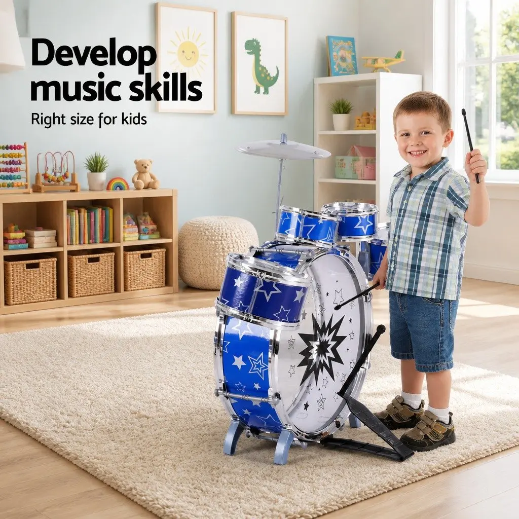 11-Piece Kids Drum Set in Blue with Stool
