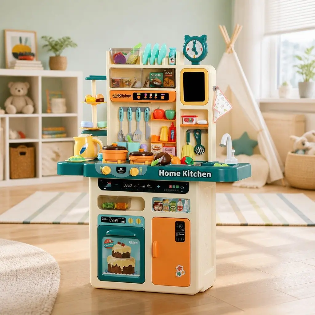 Kids Pretend Play Kitchen Set Cooking Toys Steam Light Sound Water Sink 73pcs