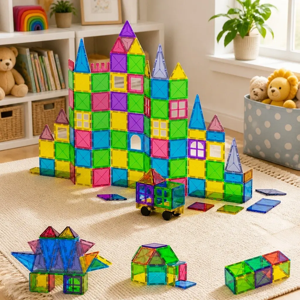 Magnetic Tiles Building Blocks ABS Plastic 100 Piece Educational Construction Toys Red Yellow Green