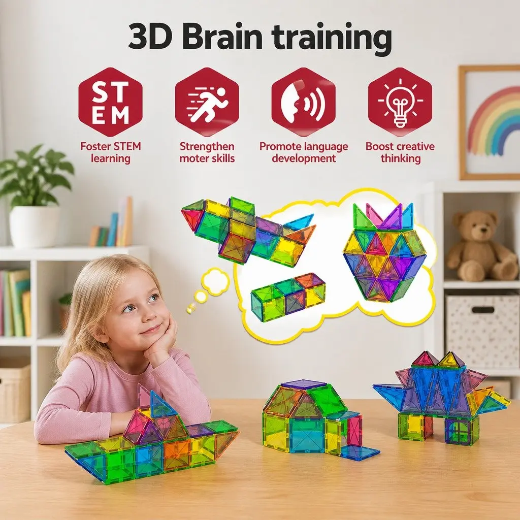 Magnetic Tiles Building Blocks ABS Plastic 100 Piece Educational Construction Toys Red Yellow Green