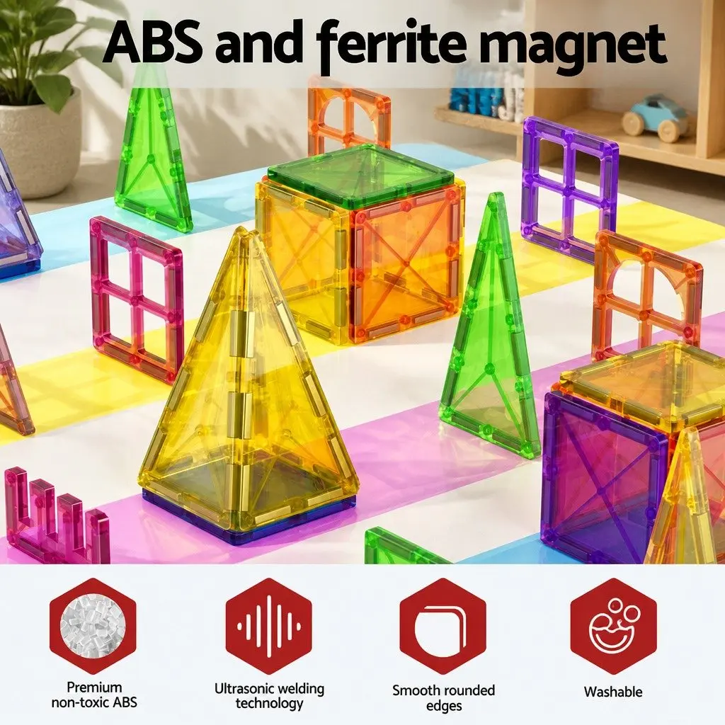 Magnetic Tiles Building Blocks ABS Plastic 100 Piece Educational Construction Toys Red Yellow Green