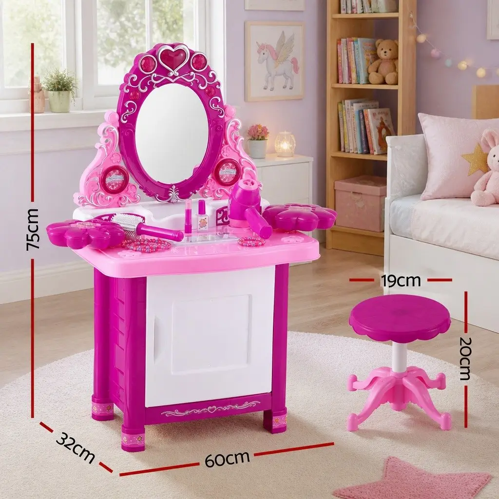 Kids Pretend Makeup Dressing Table Vanity Set with Chair Stool Accessories Girls