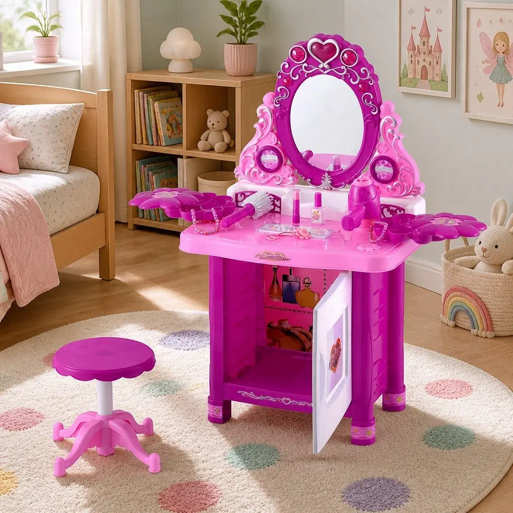 Kids Pretend Makeup Dressing Table Vanity Set with Chair Stool Accessories Girls