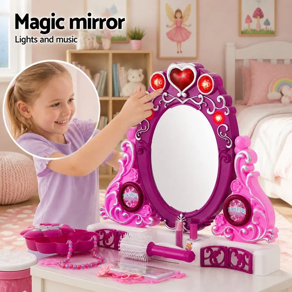 Kids Pretend Makeup Dressing Table Vanity Set with Chair Stool Accessories Girls
