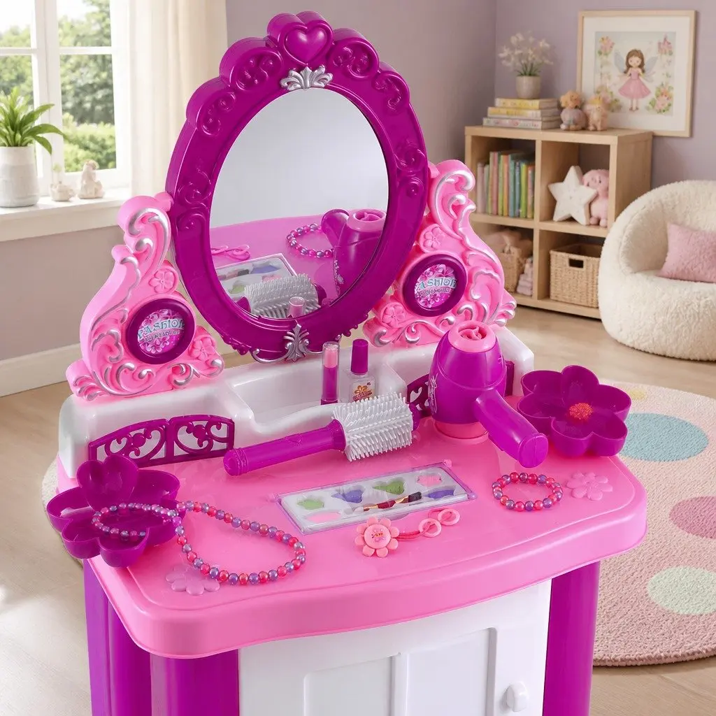Kids Pretend Makeup Dressing Table Vanity Set with Chair Stool Accessories Girls