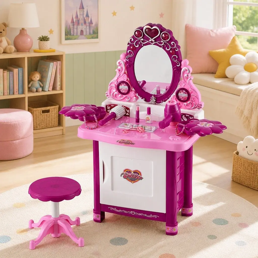 Kids Pretend Makeup Dressing Table Vanity Set with Chair Stool Accessories Girls