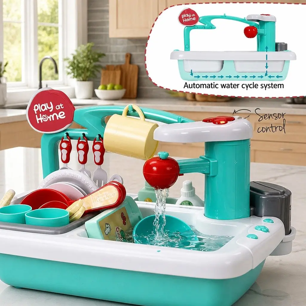 Kids Pretend Play Kitchen Sink Toy PP Green 38cm x 27cm x 25cm