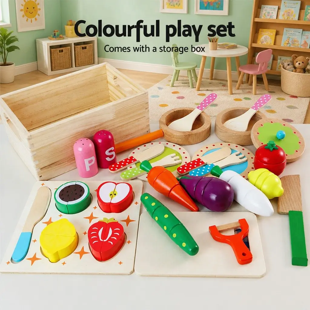 Kids Wooden Kitchen Play Set Pretend Cooking Toys 29-Piece Food Utensils Pots