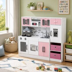 Durable Kids Wooden Kitchen Playset with Coffee Maker - Pink