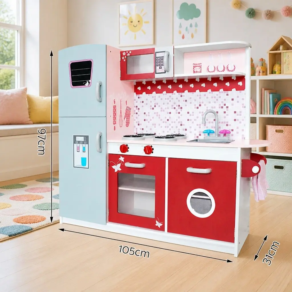 Wooden Kitchen Play Set Solid Wood MDF 105 x 31 x 97 cm Pink Red