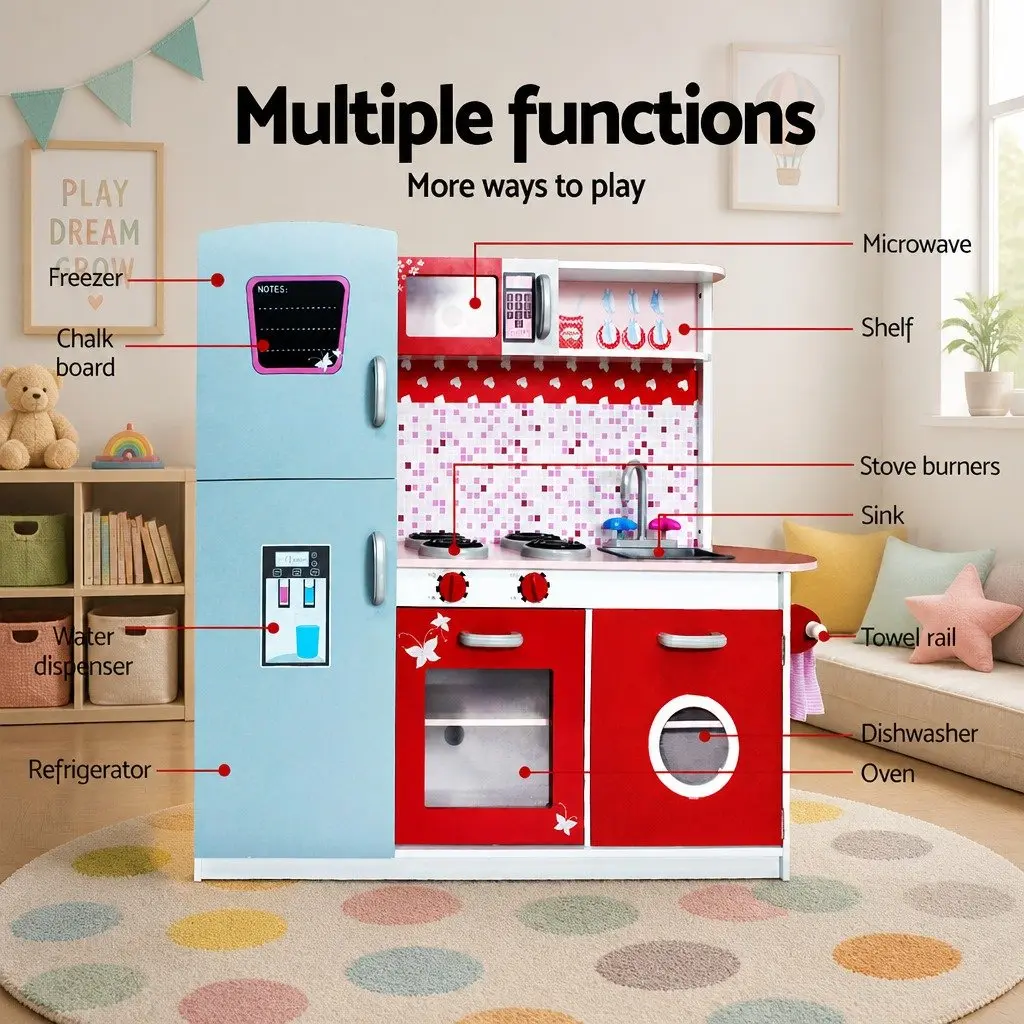 Wooden Kitchen Play Set Solid Wood MDF 105 x 31 x 97 cm Pink Red