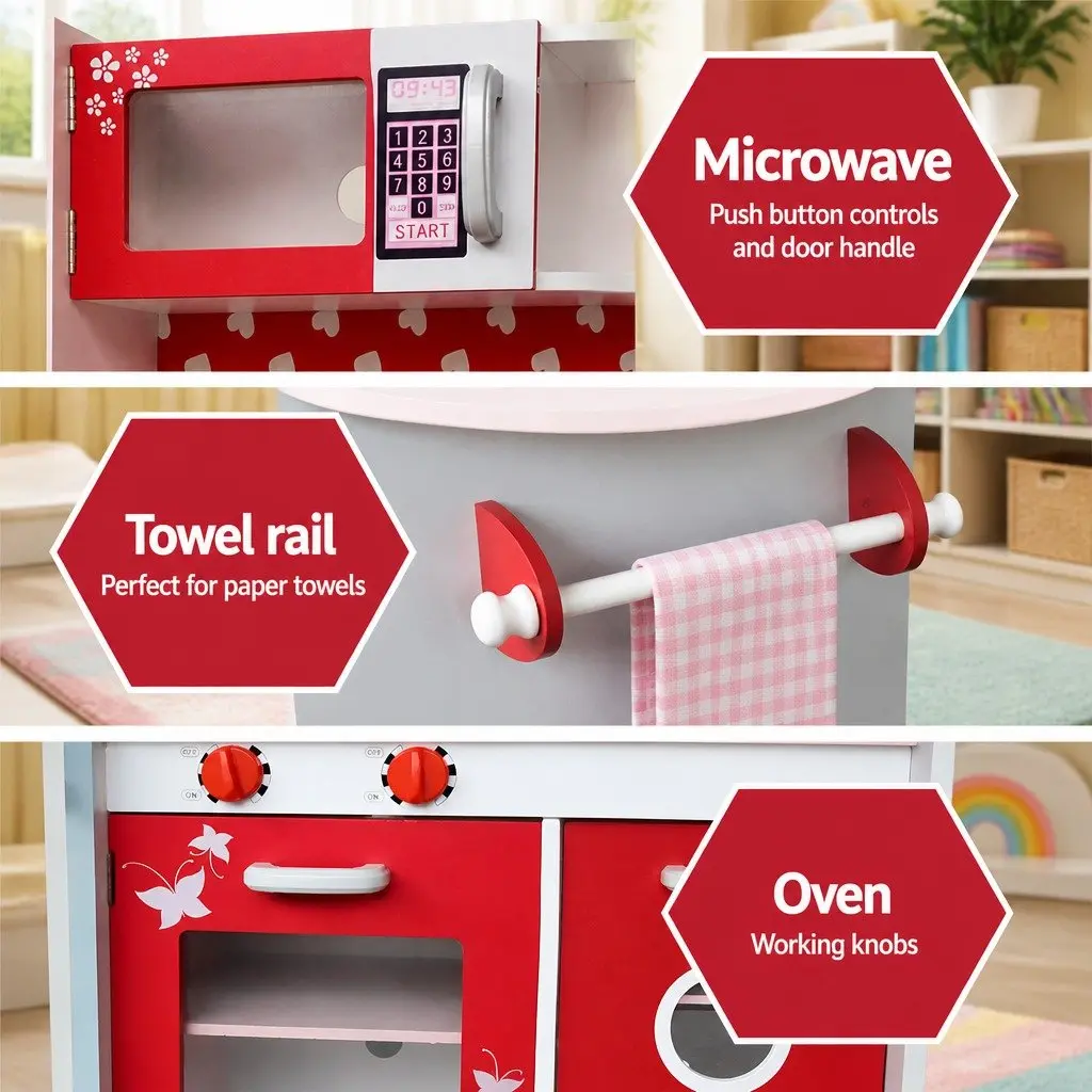 Wooden Kitchen Play Set Solid Wood MDF 105 x 31 x 97 cm Pink Red