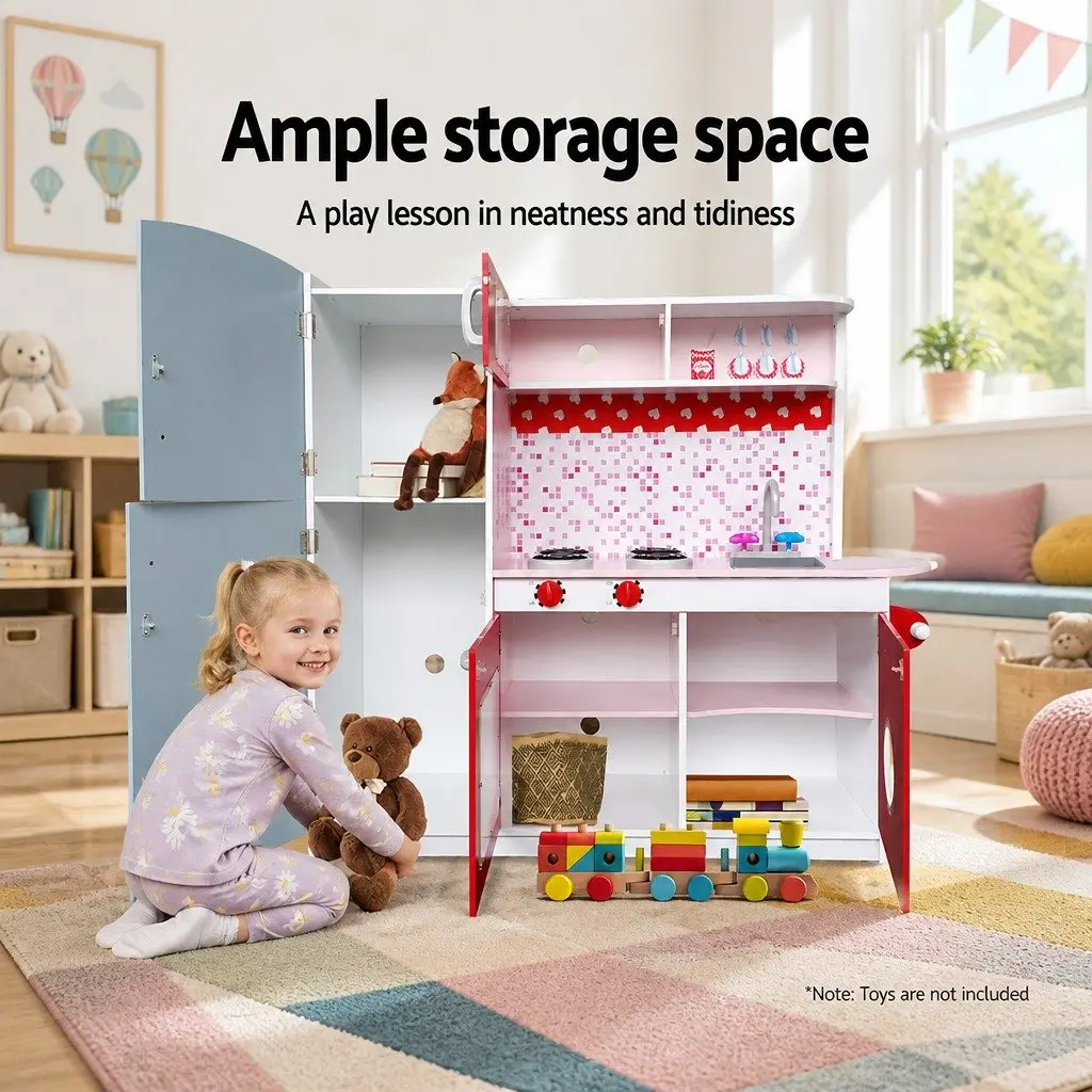 Wooden Kitchen Play Set Solid Wood MDF 105 x 31 x 97 cm Pink Red
