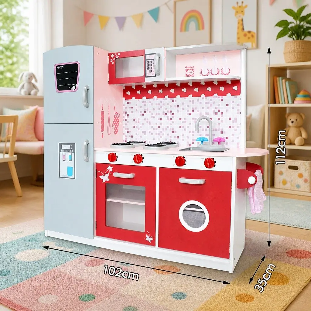 Wooden Kitchen Play Set Solid Wood MDF 105 x 31 x 97 cm Pink Red