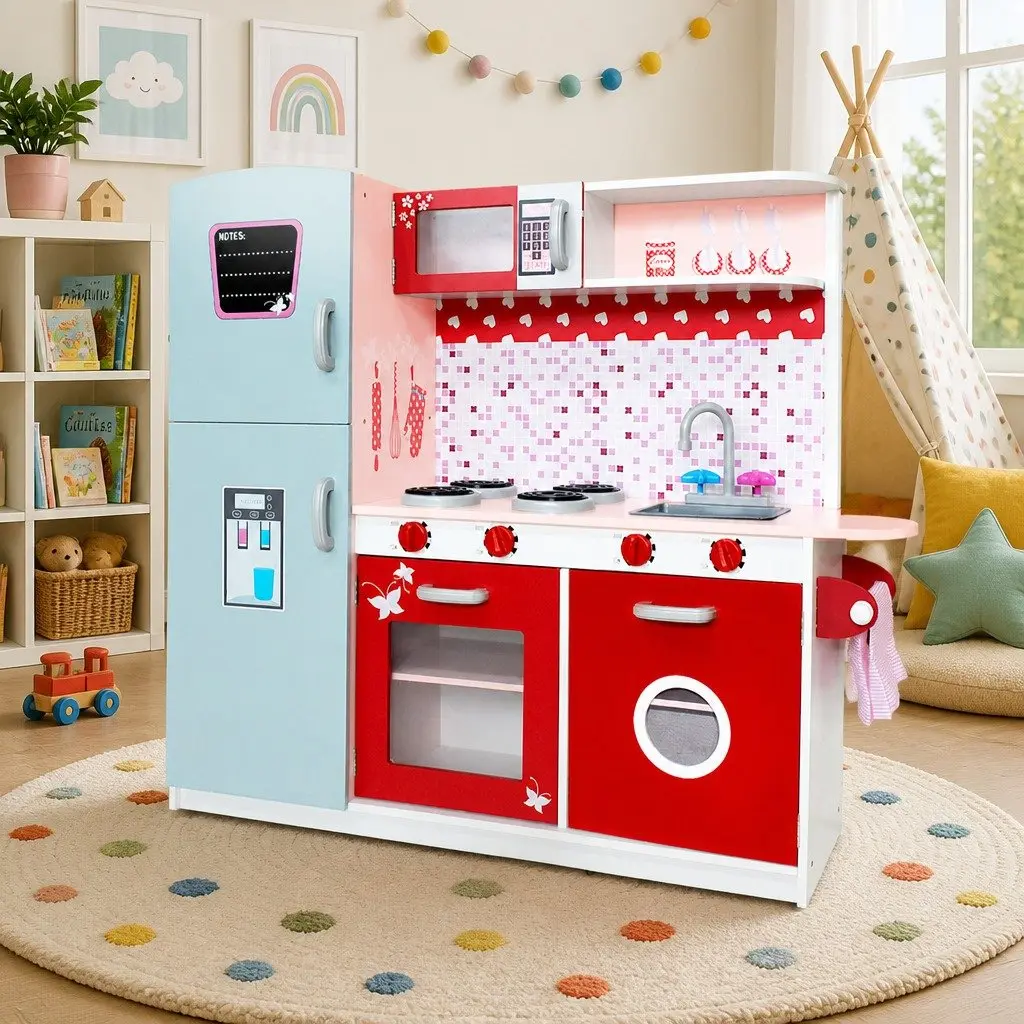 Wooden Kitchen Play Set Solid Wood MDF 105 x 31 x 97 cm Pink Red