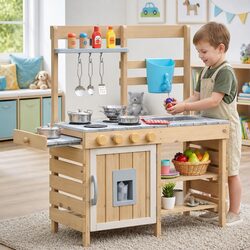Durable Kids Wooden Kitchen Playset with Storage Shelves