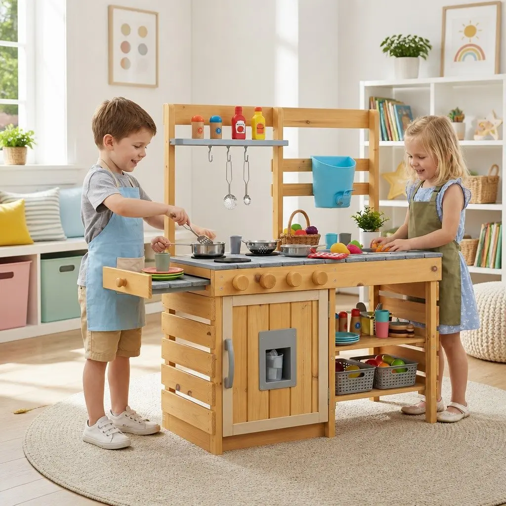 Kids Wooden Kitchen Playset with Storage Shelves