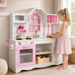 Sturdy Wooden Kids Kitchen Playset with 29 Food Items