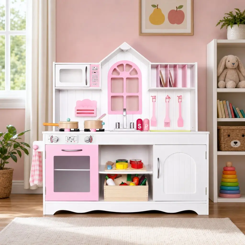 Wooden Kids Kitchen Playset with 29 Food Items