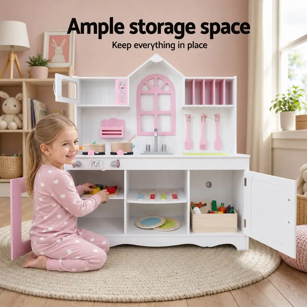 Wooden Kids Kitchen Playset with 29 Food Items