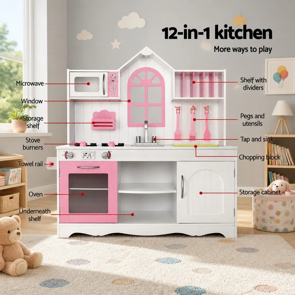 Wooden Kitchen Play Set MDF Pine Wood 108 x 100 x 29cm White Pink