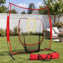 Baseball Softball Training Net Pitching Kit with Stand Strike Zone Red 7ft