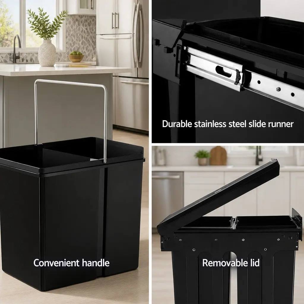 Double Basket Pull-Out Kitchen Bin 2x15L Black